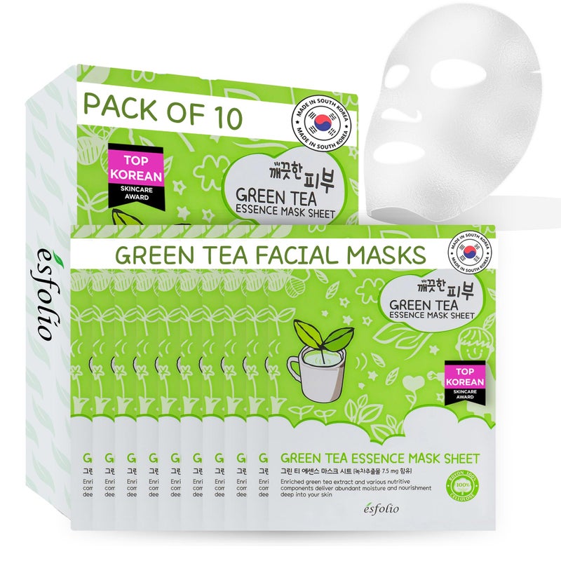 Esfolio Green Tea Essence Face Mask â€“ Hydrating, Soothing, Antioxidant-Rich Sheet Mask for All Skin Types â€“ Moisturizing, Revitalizing Face Treatment for Sensitive, and Blemish-Prone Skin (Pack of 10) - Image 1